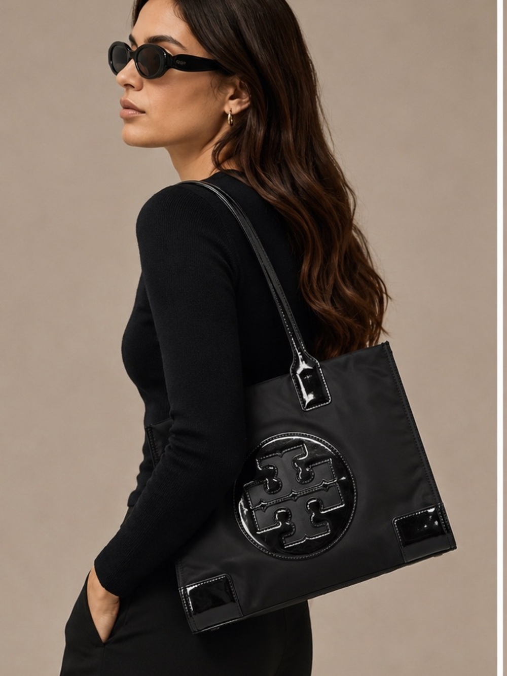 Tory Burch Black Ella Medium Nylon Patent Glossy Leather Trim Logo Shoulder Bag